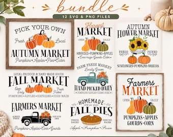 Fall Market Sign SVG Bundle, Farmers Market svg, Autumn Rustic Sign svg, Pumpkin season svg, Farmhouse Kitchen svg