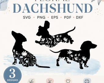 Può includere: Un set grafico digitale intitolato FLORAL DACHSHUND che presenta tre sagome nere di cani bassotti riempite con motivi floreali bianchi. Il testo include SVG, PNG, EPS, PDF, DXF e 3 DESIGNS. Sono presenti icone per download, forbici, cuore e stampante.