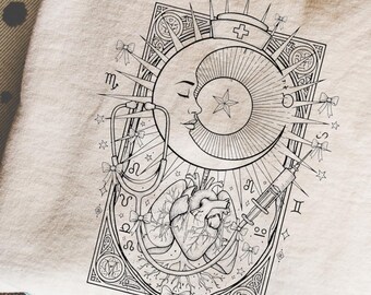 Witchy Celestial Anatomy PNG • Gothic Mond & Herz Clipart • Sternzeichen Medizinische Illustration • Dunkle Krankenschwester Design