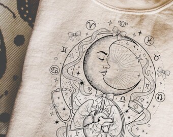 Witchy Celestial Anatomy PNG • Gothic Mond & Herz Clipart • Sternzeichen Medizinische Illustration • Dunkle Krankenschwester Design