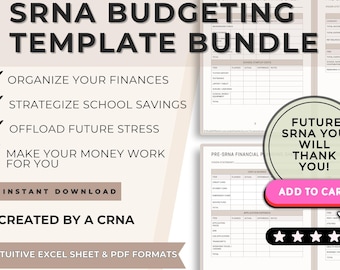 Bundel SRNA-begrotingsbladen | Pre-CRNA-schoolbudgetplanner | Excel + afdrukbare canvassjabloon | Verpleegkundige anesthesie student financiële tracker