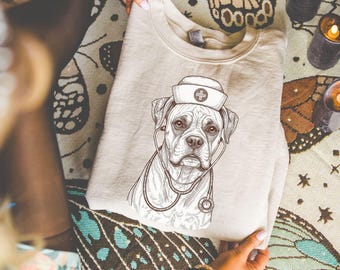 Boxer PNG | Retro Skizze Hund Clipart | Krankenschwester Hund PNG | Stethoskop Veterinärhund Kunst | Medizinisches Haustier PNG