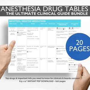 May include: A white document titled "ANESTHESIA DRUG TABLES" with detailed medical information. The document is held by hands and features a blue circle with "20 PAGES" written on it. The text at the bottom reads "Top drugs & important info you need to know for clinicals & boards success".