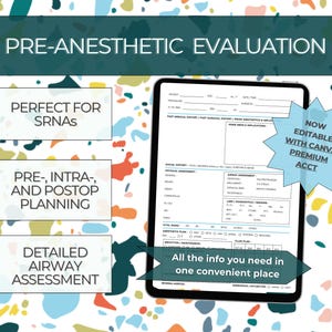 Pode incluir: Um tablet digital exibindo um formulário de avaliação pré-anestésica. A imagem inclui caixas de texto com as frases "Avaliação Pré-Anestésica", "Perfeito para SRNAs", "Planejamento Pré-, Intra- e Pós-operatório" e "Avaliação Detalhada das Vias Aéreas".
