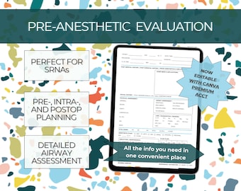 SRNA / CRNA Detailliertes Anästhesie-Bewertungs- und Planungsblatt vor der OP, organisierter Trockenlabor- / Anästhesieplan - Bearbeitbare Vorlage
