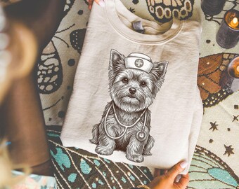 Yorkshire Terrier / Yorkie Krankenschwester PNG | Retro Skizze Hund Clipart | Krankenschwester Hund PNG | Stethoskop Veterinärhund Kunst | Medizinisches Haustier PNG