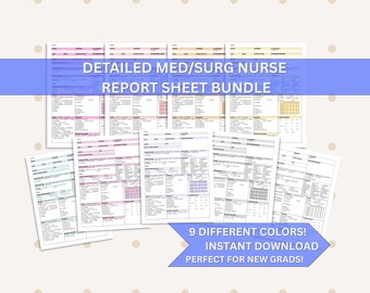 Med-Surg Nurse Report Sheet Bundle: 9-farbig druckbare Nursing Brain Sheets (digitale Zip-Datei)