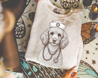 Pudel Krankenschwester PNG | Retro Skizze Hund Clipart | Krankenschwester Hund PNG | Stethoskop Veterinärhund Kunst | Medizinisches Haustier PNG