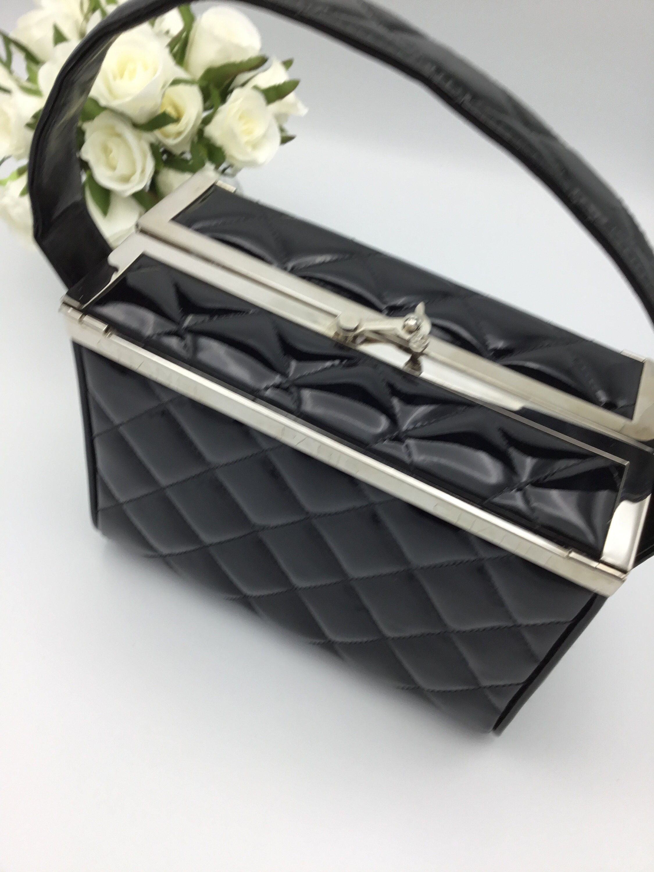 Chanel Quilted Box Bag Black Patent Leather RARE Etsy Norway