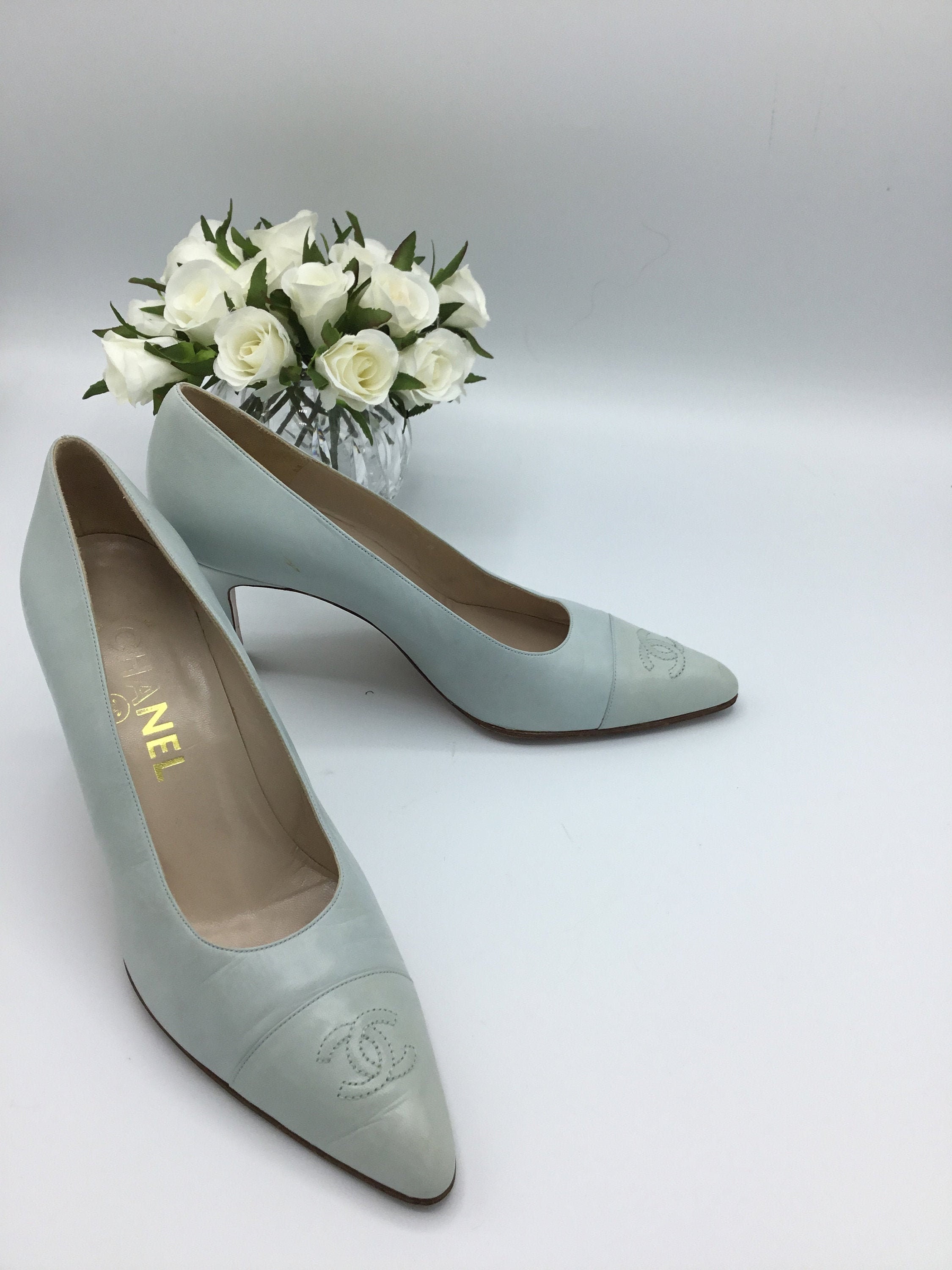 Vintage Chanel Baby Blue CC Pumps Heels Shoes Size 38 