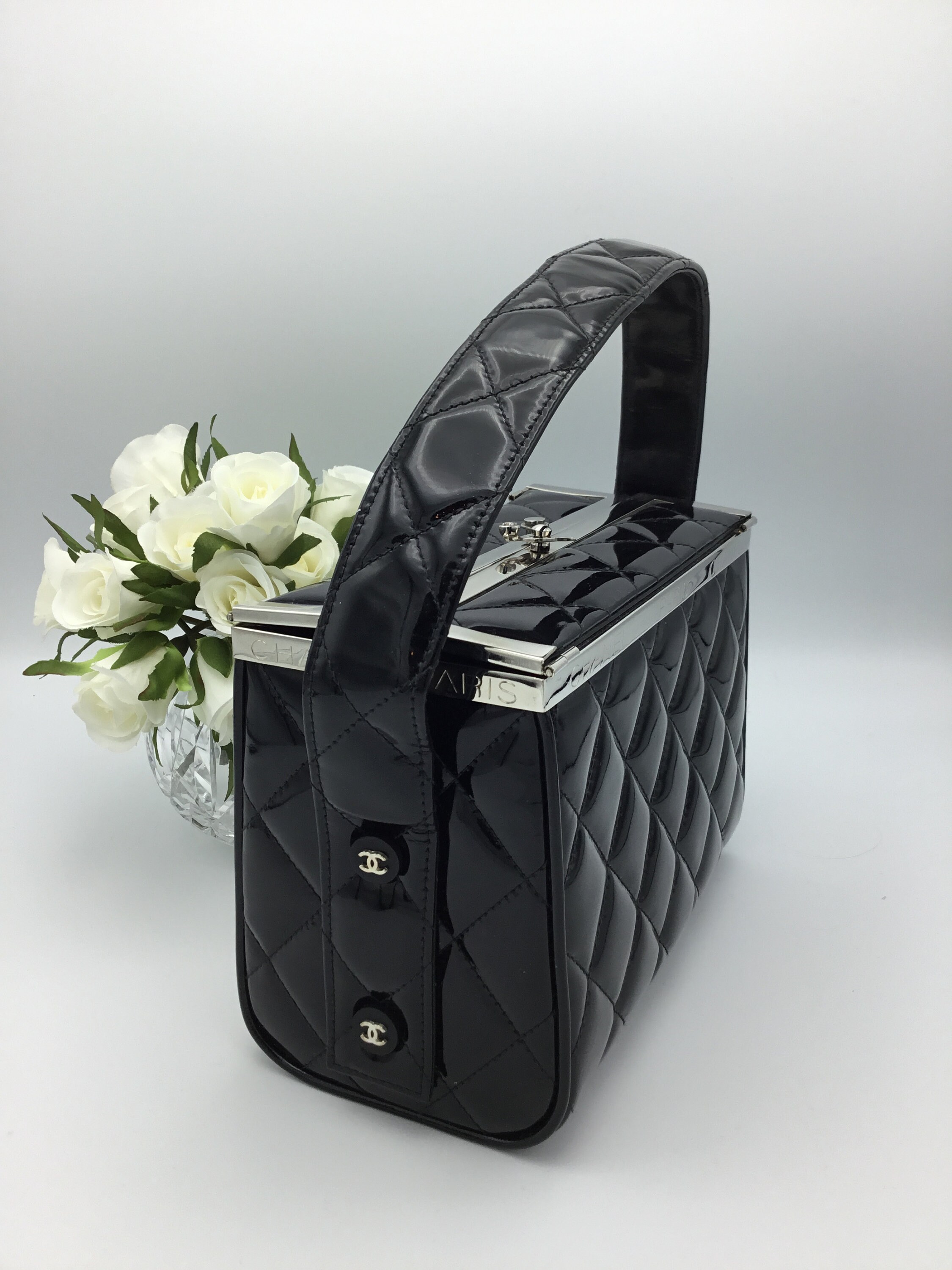 Chanel Quilted Box Bag Black Patent Leather RARE Etsy