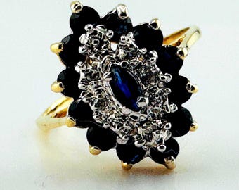 Vintage Sapphire and Diamond Ring 14k Solid Yellow Gold sz 6.5