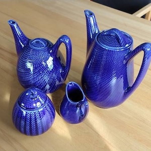 Set Rörstrand Sweden, Hertha Bengtson, bla eld, tea pot, coffee pot, milk jug and sugar bowl