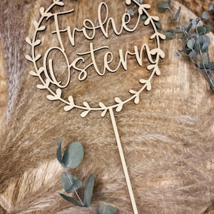 Cake Topper "Frohe Ostern" im Kranz aus Holz - Tortenstecker Kuchenstecker Frühling Frühjahr Osterfest Osterhase Osterdeko Tischdeko modern