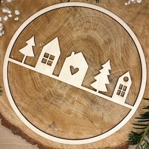 Türkranz "Winterdorf" - schlichte Türdeko aus Sperrholz, Fensterdeko, Fensterhänger, Türschild, Winter, Loop, Weihnachtsdeko, Häuser, Ring
