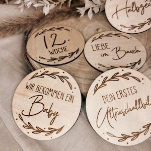 40 Meilensteinkarten, Baby, Meilensteine, Schwangerschaft, Wir werden Eltern, Geburt, Babyparty, Babyshower, schwanger, Holz, rund, Set