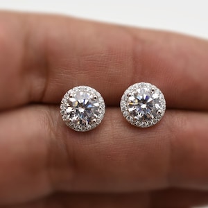 Diamond stud earrings/ cubic zirconia studs/ sterling silver halo design CZ earrings / bridal jewelry