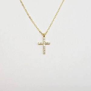 Cross necklace / simple cubic zirconia cross / yellow gold cross pendant/ dainty cross necklace