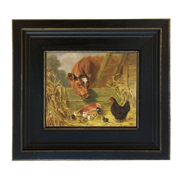 Cow With Chicks Painting Oil Painting Print Reproduction on Canvas in Distressed Black Solid Ash Frame - 8-1/2" x 9-1/2"