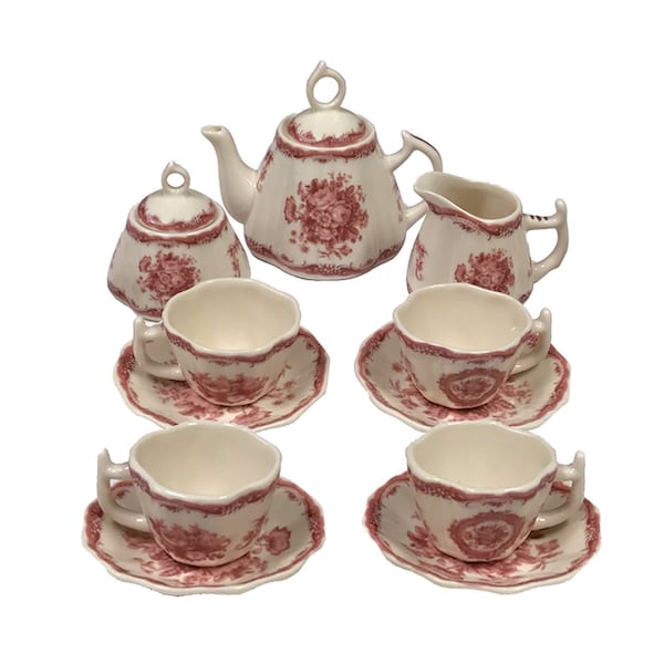 Mini service à thé classique en porcelaine à fleurs roses, 13 pièces, cadeau pour petite fille, goûter pour poupée