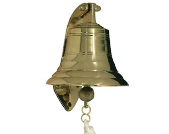 Solid Polished Brass 4" Nautical Ship Bell Replica, Hinged Hanging Bracket, Braided Rope Clapper