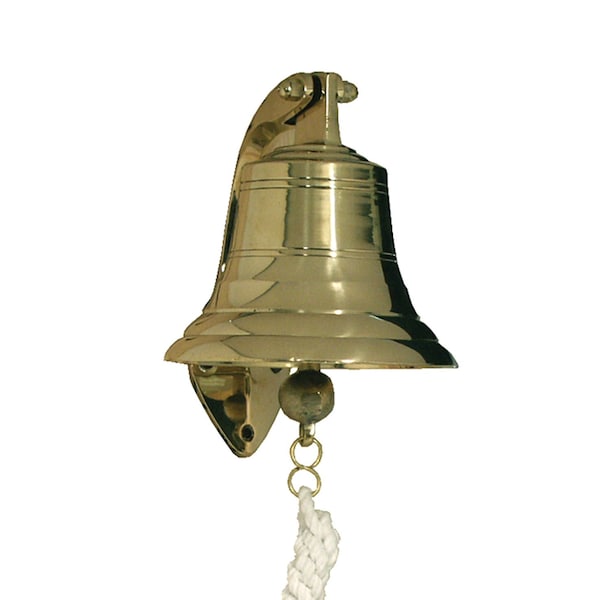 Solid Polished Brass 4" Nautical Ship Bell Replica with Hinged Hanging Bracket and Braided Rope Clapper Handle