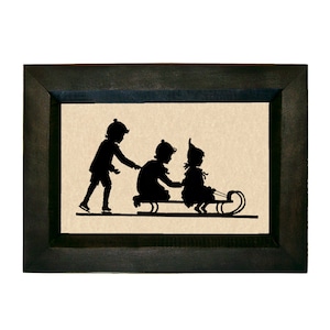 Children Sledding Framed Printed Silhouette, Christmas, Winter, Holiday, Wall Art, Decor