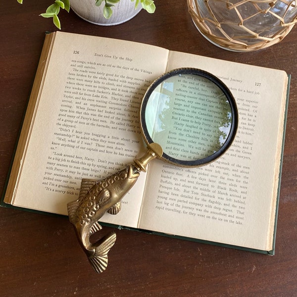 9" Antiqued Brass Fish Magnifying Glass- Antique Vintage Style