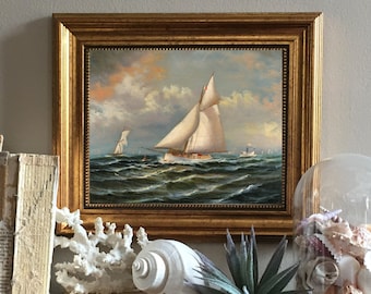 The Puritan Leading Genesta Framed Canvas Print, Vintage Sailboat Art