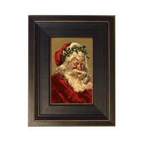 May include: A framed vintage illustration of Santa Claus wearing a red hat with a holly wreath, a white beard, and a red robe. He is holding a pipe in his mouth and looking to the side.