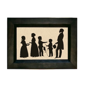 Family Life Printed Silhouette in Black Wood Frame, Colonial Decor, Primitive Decor, Antique Style Silhouette