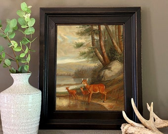 Doe with Two Fawns Framed Oil Painting Print on Canvas in Distressed Black Wood Frame