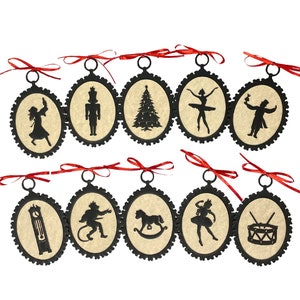 10er Set Nussknacker Ballett Weihnachten Silhouette Ornamente mit antikem Papier und rotem Band