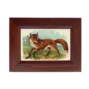May include: A framed illustration of a red fox walking through a grassy field. The fox is facing left and has its tail curled behind it. The background is a blue sky with white clouds.