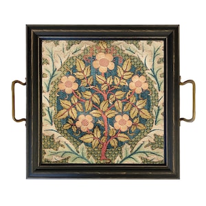 12&quot; William Morris Flowering Rose Decorative Tray with Brass Handles, Ottoman Tray, Nightstand Tray, Coffee Table Tray, Antique Style Decor