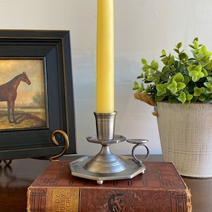 4-3/4&quot; Pewter Plated Chamberstick, Antique Style, Colonial Decor, Primitive Decor, Candle Holder