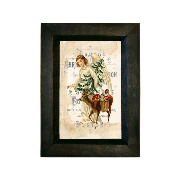 Victorian Angel with Christmas Tree and Deer Framed Print Behind Glass, Christmas, Winter, Holiday, Wall Art, Decor