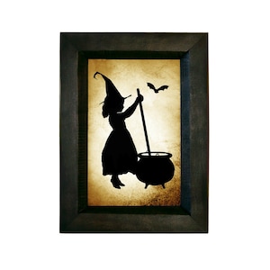 Mädchen-Hexe-Rührtopf gerahmt gedruckte Silhouette, Halloween-Dekor, Halloween-Silhouette, niedliches Halloween, Halloween-Hexe, witchy Dekor