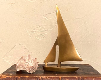 5-1/4" Antiqued Brass Sail Boat Paper Weight or Tabletop Decor- Antique Vintage Style