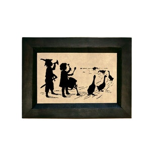 Goose Parade Farm Life Printed Silhouette in Black Wood Frame, Antique Style Silhouette, Framed Silhouette, Silhouette of Children