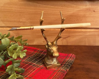 4-1/4" Antiqued Brass Stag Head Pen Holder and Paper Weight- Antique Vintage Style
