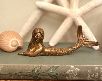 5" Antiqued Brass Mermaid Paper Weight, Antique Vintage Reproduction, Mermaid Gift, Mermaid Decor, Nautical Decor, Nautical Tabletop