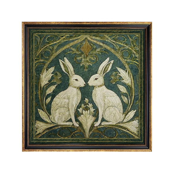 Two Rabbits Art Nouveau Vintage Style Framed Print Behind Glass, Bunnies, Easter, Spring, Nursery, Wall Art, Decor