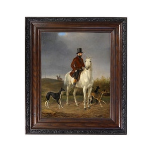Hunting with Greyhounds Framed Oil Painting Print on Canvas, Equestrian Print, Hunting Dog Art, Hunting Lodge Wall Art