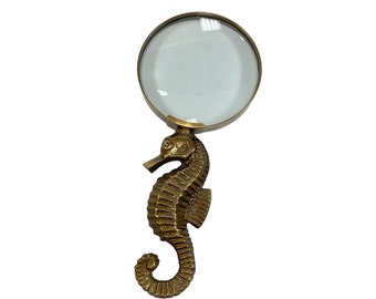 7" Antiqued Brass Seahorse Magnifying Glass- Antique Vintage Style