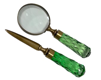 Brass and Glass Magnifier and Letter Opener Desk Set- Antique Vintage Style, Desk Decor