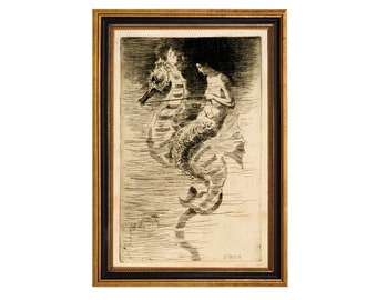 Mermaid and Sea Horse Nautical Coastal Illustration Reproduction Print, Framed Behind Glass