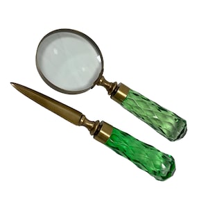 Brass and Glass Magnifier and Letter Opener Desk Set- Antique Vintage Style