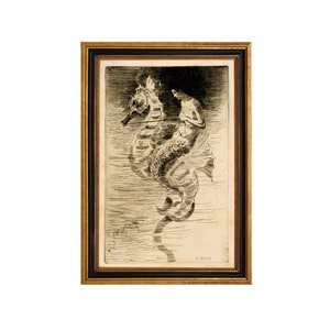 Ilustración de sirena y caballito de mar impresa tras un cristal, arte de sirena, impresión de sirena, arte mítico, arte náutico, arte mural de galería, regalo de sirena