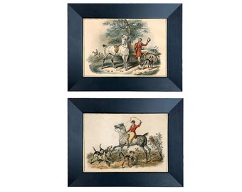 Set of 2 Small Equestrian Fox Hunt Scenes Behind Glass in Black and Gold Wood Frames- 5" x 7" Framed to 7" x 9"